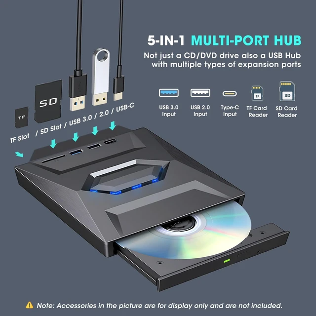 Alt view image 4 of 7 - ROOFULL External CD DVD Drive with USB 3.0/Type-C Hub, SD Reader & Case | Portable CD/DVD ROM +/-RW Drive Burner Player Writer for Laptop Desktop PC Windows 11/10/7, Mac, Linux