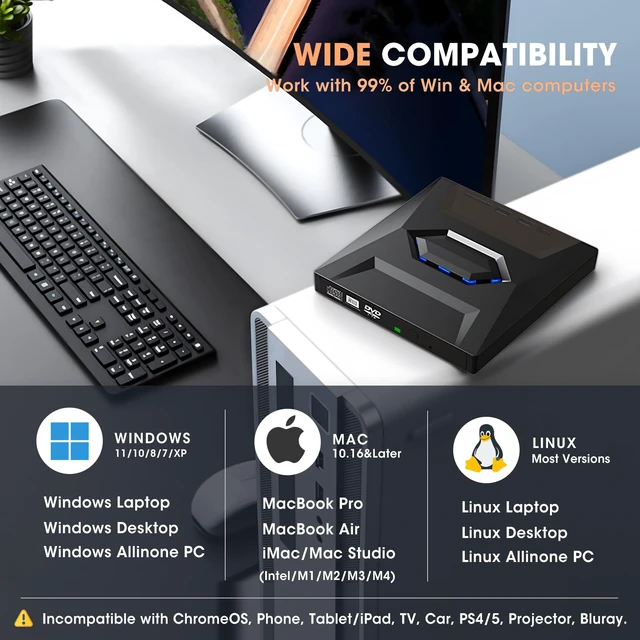 Alt view image 5 of 7 - ROOFULL External CD DVD Drive with USB 3.0/Type-C Hub, SD Reader & Case | Portable CD/DVD ROM +/-RW Drive Burner Player Writer for Laptop Desktop PC Windows 11/10/7, Mac, Linux