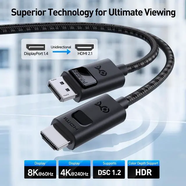 Alt view image 2 of 7 - Uni-Directional 8K DisplayPort to HDMI 2.1 Cable - 6ft, with 4K 240Hz / 8K 60Hz, Display Port to HDMI 2.1 Cable, Supports RTX4080, RX7900, Not Work with PS5/Xbox, No VRR Support