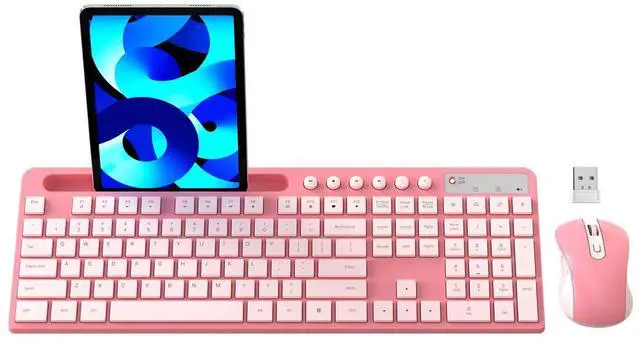 Main image of Wireless Keyboard and Mouse Combo, MARVO 2.4G Ergonomic Wireless Computer Keyboard with Phone Tablet Holder, Silent Mouse with 6 Button, Compatible with MacBook, Windows (Sakura Pink)