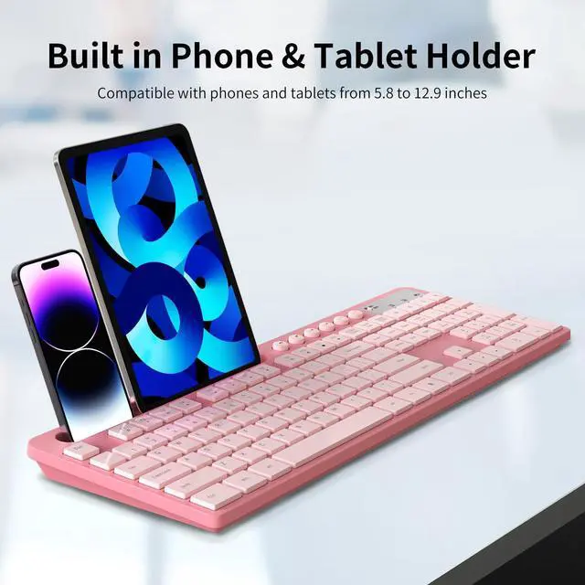 Alt view image 3 of 7 - Wireless Keyboard and Mouse Combo, MARVO 2.4G Ergonomic Wireless Computer Keyboard with Phone Tablet Holder, Silent Mouse with 6 Button, Compatible with MacBook, Windows (Sakura Pink)