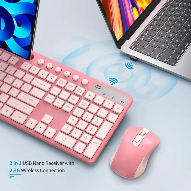Alt view image 5 of 7 - Wireless Keyboard and Mouse Combo, MARVO 2.4G Ergonomic Wireless Computer Keyboard with Phone Tablet Holder, Silent Mouse with 6 Button, Compatible with MacBook, Windows (Sakura Pink)