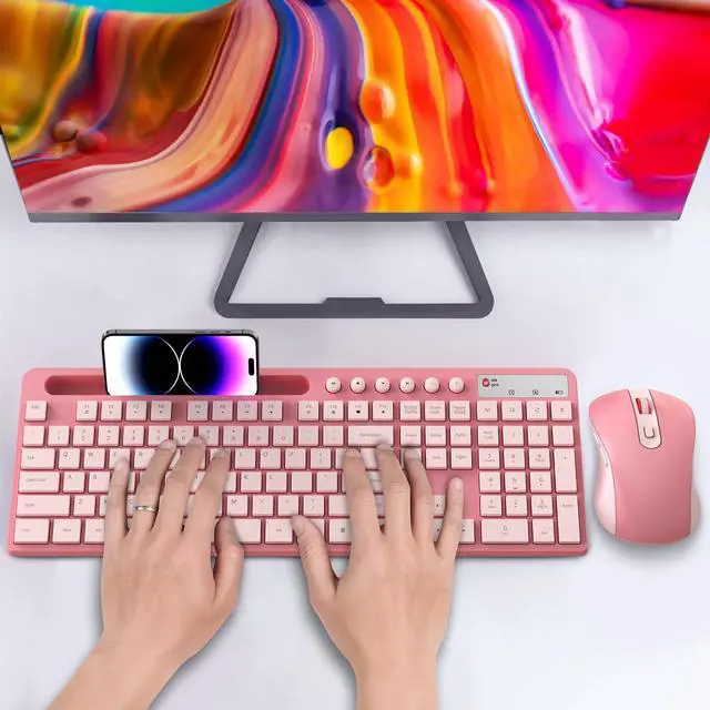 Alt view image 7 of 7 - Wireless Keyboard and Mouse Combo, MARVO 2.4G Ergonomic Wireless Computer Keyboard with Phone Tablet Holder, Silent Mouse with 6 Button, Compatible with MacBook, Windows (Sakura Pink)