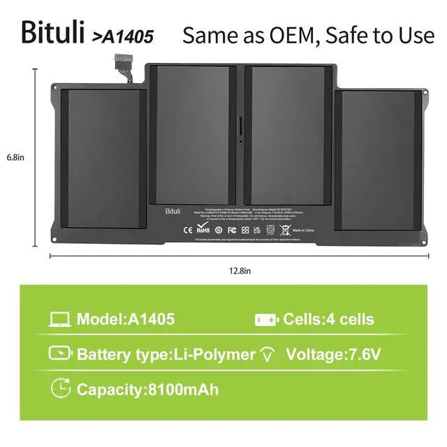 Alt view image 2 of 6 - A1405 A1466 Replacement Battery for MacBook Air 13 inch A1377 A1369 (Late 2010 Mid 2011 Mid 2012 Mid 2013 Early 2014 Version), Also fit A1496 661-5731 MC503 MC504