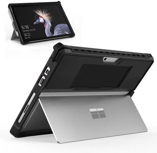 Main image of Rugged All-in-One Protective Case for Microsoft Surface Pro 7/6/5/2017/4/LTE, Built-in Pen Holder & Hand Strap, Works with Type Cover Keyboard, Black