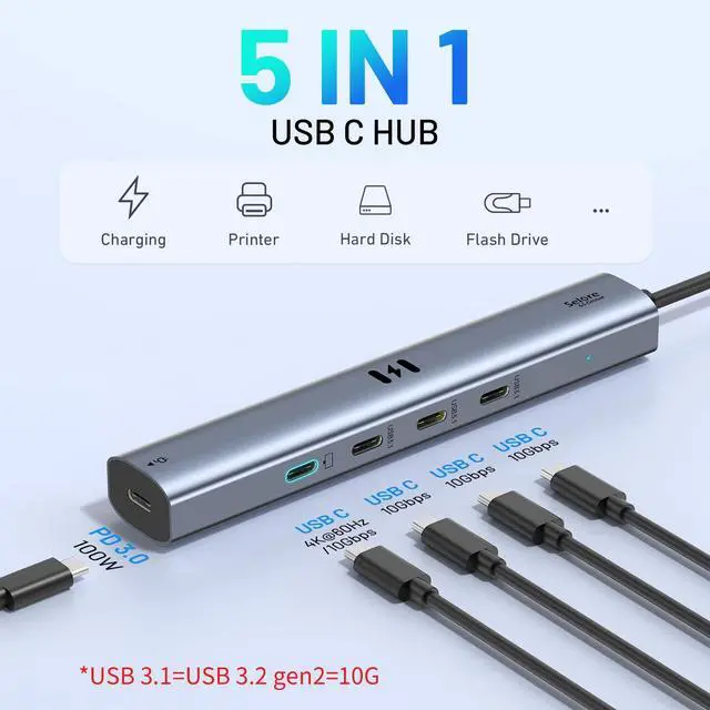 Alt view image 2 of 7 - 10Gbps USB C Hub with 4K@60Hz Video Display, Selore 5 Ports USB-C Splitter, C Port Data Transfer, 100W PD-in Charging, Dongle Multiport Adapter for MacBook Pro, iPad, Dell, HP, and More