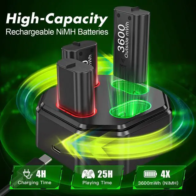 Alt view image 6 of 7 - 4 Pack Rechargeable Battery Pack Compatible with Xbox Series S/X,Charger Dock with 4 x 3600mWh NiMH Controller Battery Pack for Xbox One Wireless Controller