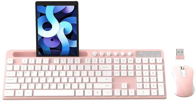 Main image of Wireless Keyboard and Mouse Combo, MARVO 2.4G Ergonomic Wireless Computer Keyboard with Phone Tablet Holder, Silent Mouse with 6 Button, Compatible with MacBook, Windows (Pink)