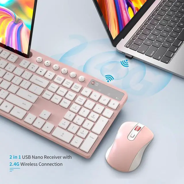 Alt view image 5 of 7 - Wireless Keyboard and Mouse Combo, MARVO 2.4G Ergonomic Wireless Computer Keyboard with Phone Tablet Holder, Silent Mouse with 6 Button, Compatible with MacBook, Windows (Pink)