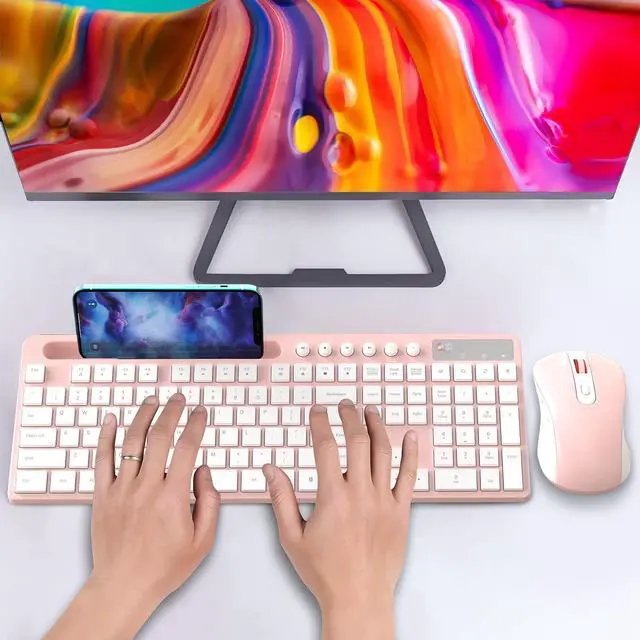 Alt view image 7 of 7 - Wireless Keyboard and Mouse Combo, MARVO 2.4G Ergonomic Wireless Computer Keyboard with Phone Tablet Holder, Silent Mouse with 6 Button, Compatible with MacBook, Windows (Pink)
