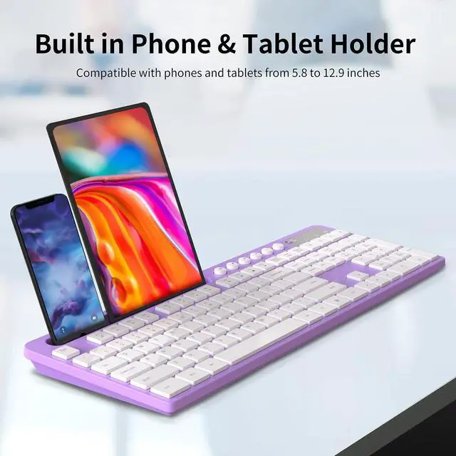 Alt view image 3 of 7 - Wireless Keyboard and Mouse Combo, MARVO 2.4G Ergonomic Wireless Computer Keyboard with Phone Tablet Holder, Silent Mouse with 6 Button, Compatible with MacBook, Windows (Purple)