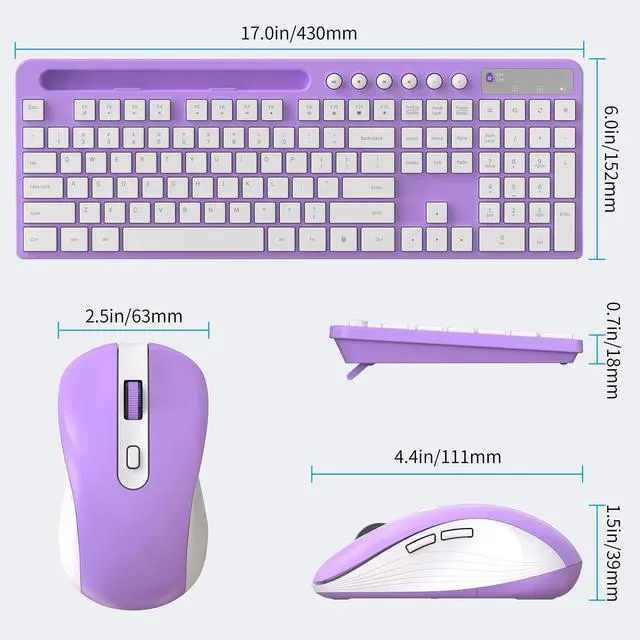 Alt view image 4 of 7 - Wireless Keyboard and Mouse Combo, MARVO 2.4G Ergonomic Wireless Computer Keyboard with Phone Tablet Holder, Silent Mouse with 6 Button, Compatible with MacBook, Windows (Purple)