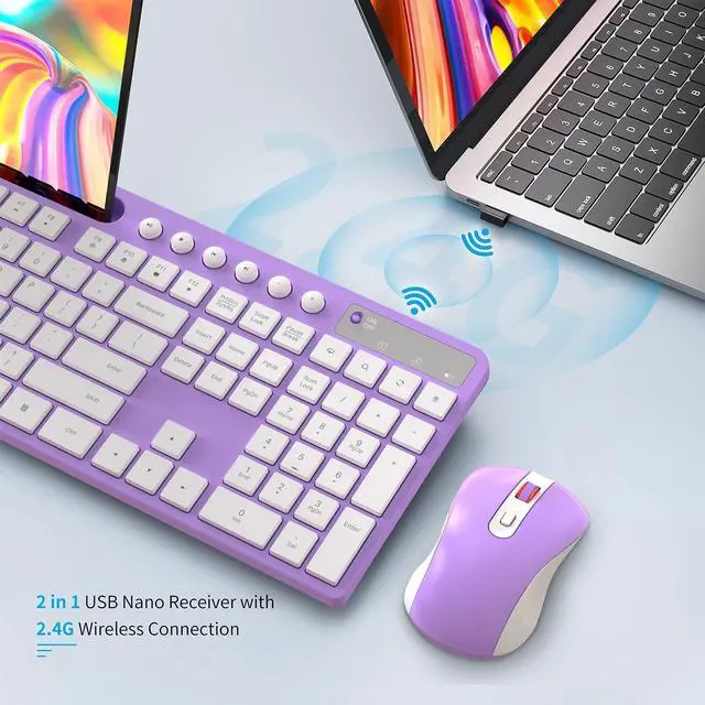 Alt view image 5 of 7 - Wireless Keyboard and Mouse Combo, MARVO 2.4G Ergonomic Wireless Computer Keyboard with Phone Tablet Holder, Silent Mouse with 6 Button, Compatible with MacBook, Windows (Purple)
