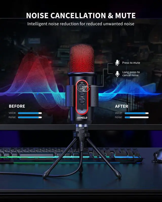 Alt view image 3 of 7 - Gaming Microphone, USB Computer Condenser Mic for PC/Laptop/Phone/PS4/5, RGB, Headphone Output, Volume Control,Plug and Play, Mute Button, for Streaming, Podcast, Studio Recording