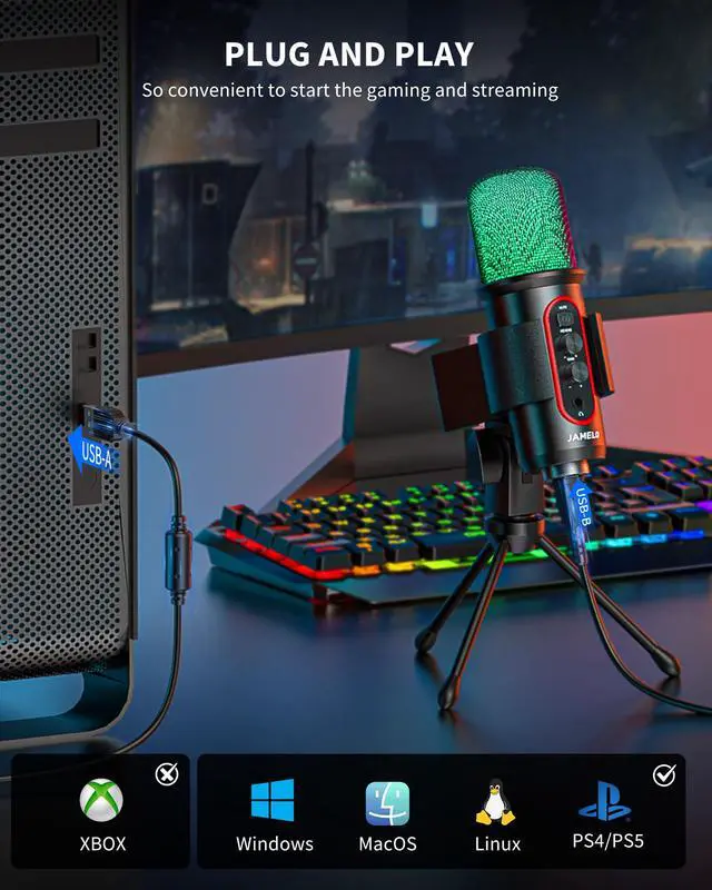 Alt view image 7 of 7 - Gaming Microphone, USB Computer Condenser Mic for PC/Laptop/Phone/PS4/5, RGB, Headphone Output, Volume Control,Plug and Play, Mute Button, for Streaming, Podcast, Studio Recording