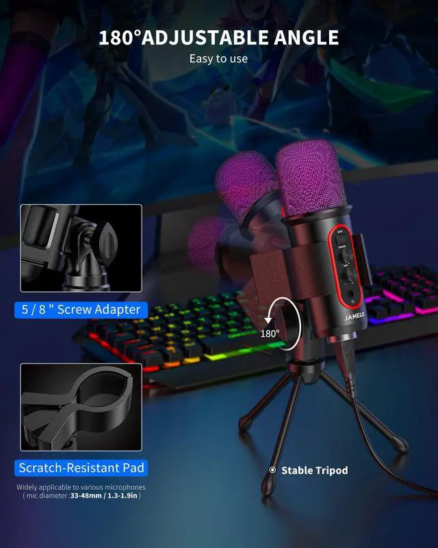 Alt view image 6 of 7 - Gaming Microphone, USB Computer Condenser Mic for PC/Laptop/Phone/PS4/5, RGB, Headphone Output, Volume Control,Plug and Play, Mute Button, for Streaming, Podcast, Studio Recording