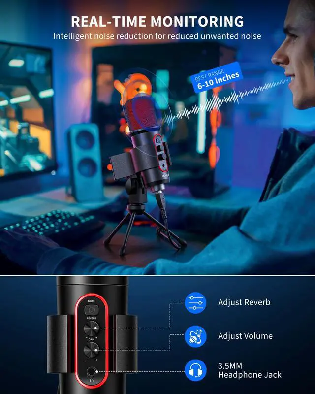Alt view image 2 of 7 - Gaming Microphone, USB Computer Condenser Mic for PC/Laptop/Phone/PS4/5, RGB, Headphone Output, Volume Control,Plug and Play, Mute Button, for Streaming, Podcast, Studio Recording