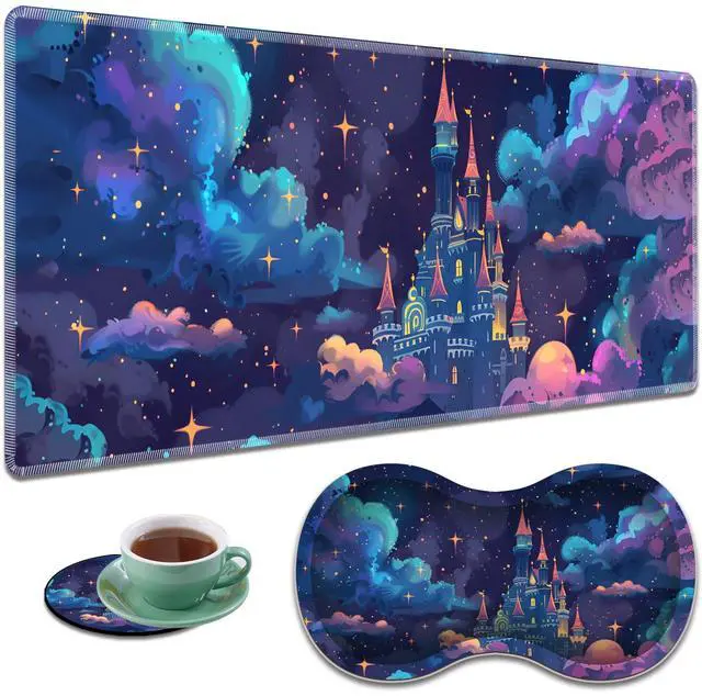Main image of Large Gaming Mouse Pad + Mouse Wrist Rest Pad + Coaster Combination, 31.5 "x 11.8" Durable Non-Slip Extension Table Mat, Suitable for Office and Home, Astral Cloud Castle