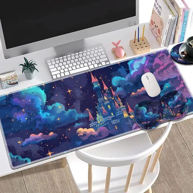 Alt view image 2 of 7 - Large Gaming Mouse Pad + Mouse Wrist Rest Pad + Coaster Combination, 31.5 "x 11.8" Durable Non-Slip Extension Table Mat, Suitable for Office and Home, Astral Cloud Castle