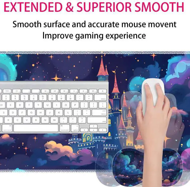 Alt view image 4 of 7 - Large Gaming Mouse Pad + Mouse Wrist Rest Pad + Coaster Combination, 31.5 "x 11.8" Durable Non-Slip Extension Table Mat, Suitable for Office and Home, Astral Cloud Castle