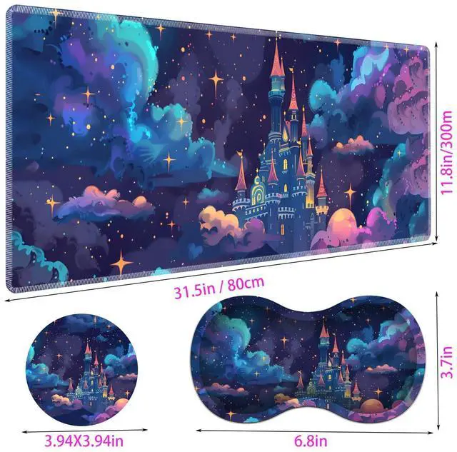 Alt view image 6 of 7 - Large Gaming Mouse Pad + Mouse Wrist Rest Pad + Coaster Combination, 31.5 "x 11.8" Durable Non-Slip Extension Table Mat, Suitable for Office and Home, Astral Cloud Castle