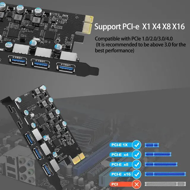 Alt view image 4 of 7 - USB 3.0 PCIe Card 5 Ports Expansion Card (3 USB A and 2 Type-C Ports), Internal Converter PCI Express Expansion Card for Desktop PC Card