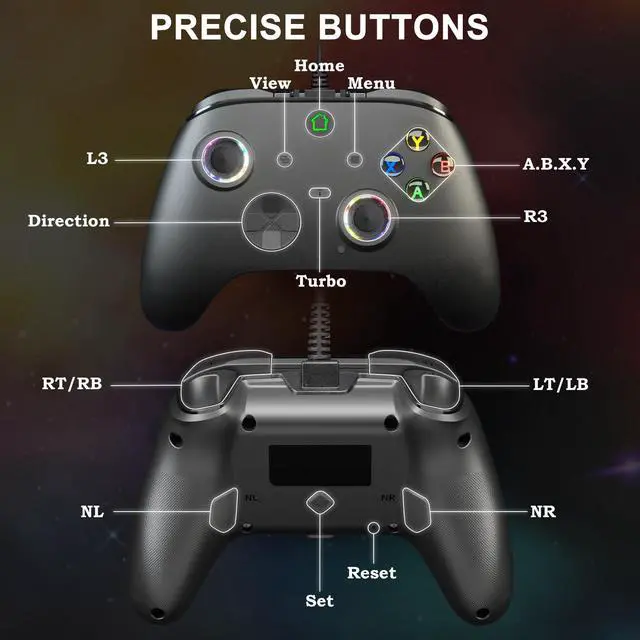 Alt view image 2 of 7 - Wired X box One Controller, 9.8FT/3M Cable Game Remote for X-box Series and PC & Steam Platforms with Dual-Vibration, Turbo, Programmable, RGB LED Light and 3.5mm Jack, Firmware Upgrade Required