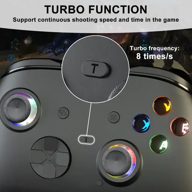 Alt view image 3 of 7 - Wired X box One Controller, 9.8FT/3M Cable Game Remote for X-box Series and PC & Steam Platforms with Dual-Vibration, Turbo, Programmable, RGB LED Light and 3.5mm Jack, Firmware Upgrade Required
