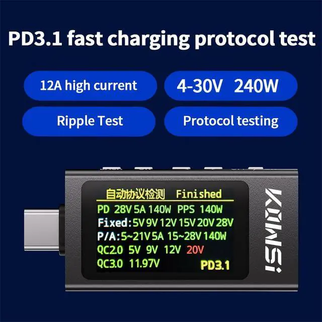 Alt view image 3 of 7 - USB C Tester USB C Power Meter Tester,Digital Multimeter with LCD Display,Digital Voltmeter Type C Voltage and Current Tester Fast Charging PD3.1 Protocol Testing,240W/40V/12A Capacity