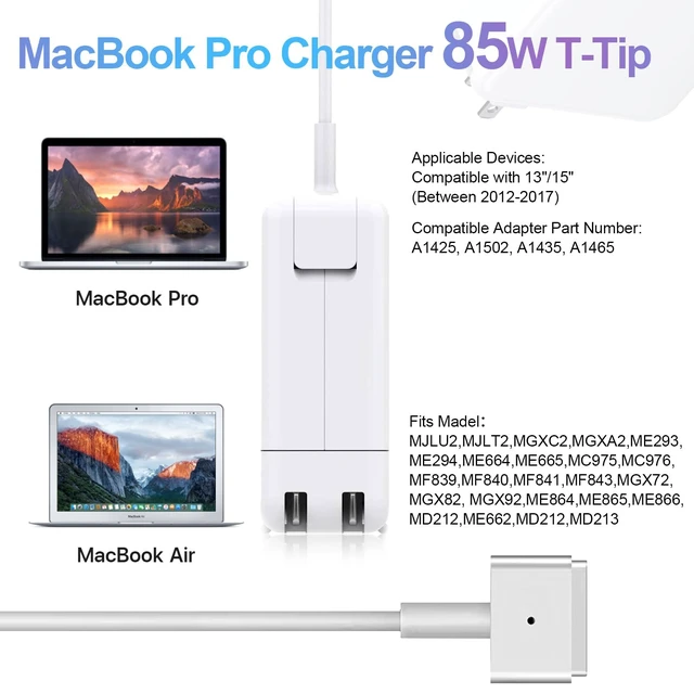 Alt view image 3 of 6 - Mac Book Pro Charger 85W - Magnetic 2 T-Tip Power Adapter, Compatible with Mac Book Pro 13-Inch & 15-Inch (Between 2012-2017)