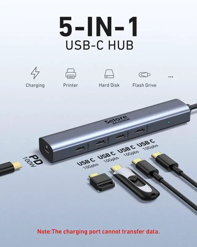 Alt view image 4 of 7 - 10Gbps USB-C Hub, 5-Port USB-C Splitter with 100W Power Delivery, Multiport Adapter for Laptops, USBC Hub for MacBook Pro/Air M2/M1, iPad, Dell, HP, Samsung