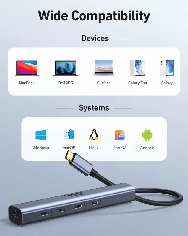 Alt view image 7 of 7 - 10Gbps USB-C Hub, 5-Port USB-C Splitter with 100W Power Delivery, Multiport Adapter for Laptops, USBC Hub for MacBook Pro/Air M2/M1, iPad, Dell, HP, Samsung
