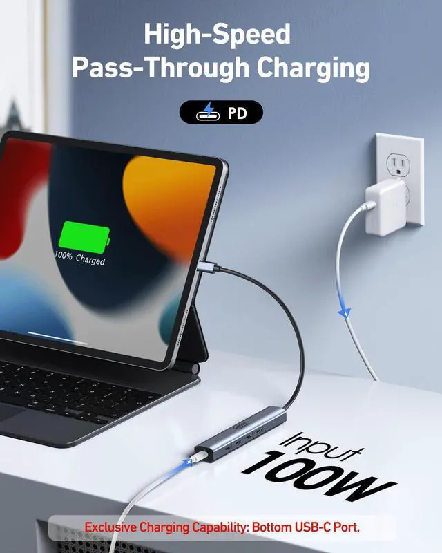 Alt view image 3 of 7 - 10Gbps USB-C Hub, 5-Port USB-C Splitter with 100W Power Delivery, Multiport Adapter for Laptops, USBC Hub for MacBook Pro/Air M2/M1, iPad, Dell, HP, Samsung