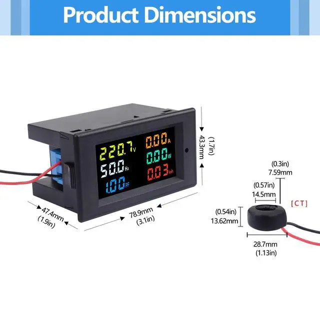 Alt view image 3 of 7 - AC Power Meter, 40-300V 100A Digital Multimeter with Color LCD Display, Voltage Current Power Factor Frequency Energy Monitor, Ammeter Voltmeter Tester for 110V/220V, Volt Amp Watt Detector Panel