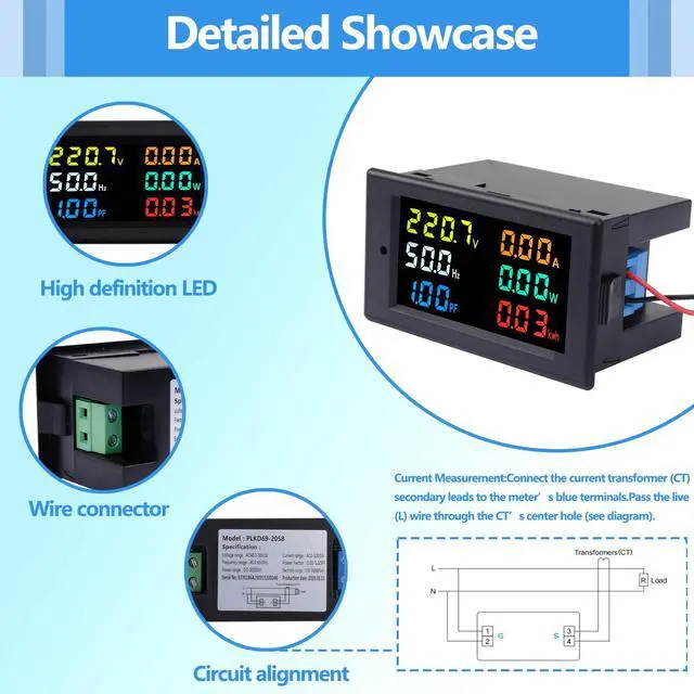 Alt view image 7 of 7 - AC Power Meter, 40-300V 100A Digital Multimeter with Color LCD Display, Voltage Current Power Factor Frequency Energy Monitor, Ammeter Voltmeter Tester for 110V/220V, Volt Amp Watt Detector Panel