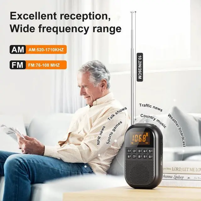 Alt view image 2 of 7 - Pocket AM FM Radio:1100mAh Rechargeable Radio Supports Bluetooth, Mini FM AM Receiver with Large Speaker, Stereo Earphone, Sleep Timer, Easy to use for Jogging, Walking Black