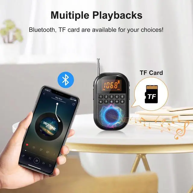 Alt view image 4 of 7 - Pocket AM FM Radio:1100mAh Rechargeable Radio Supports Bluetooth, Mini FM AM Receiver with Large Speaker, Stereo Earphone, Sleep Timer, Easy to use for Jogging, Walking Black