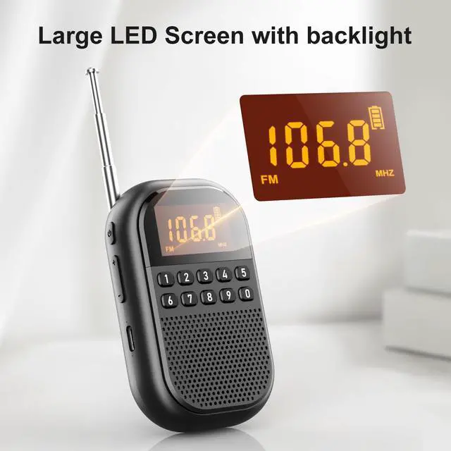 Alt view image 7 of 7 - Pocket AM FM Radio:1100mAh Rechargeable Radio Supports Bluetooth, Mini FM AM Receiver with Large Speaker, Stereo Earphone, Sleep Timer, Easy to use for Jogging, Walking Black