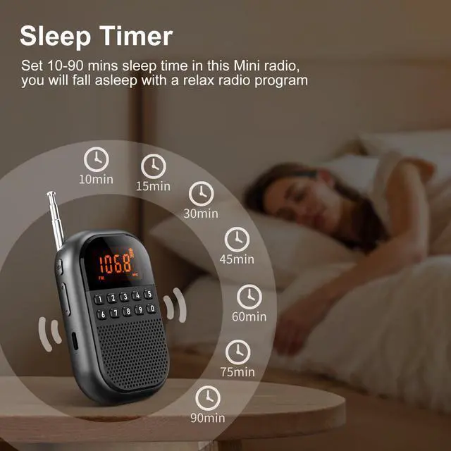 Alt view image 6 of 7 - Pocket AM FM Radio:1100mAh Rechargeable Radio Supports Bluetooth, Mini FM AM Receiver with Large Speaker, Stereo Earphone, Sleep Timer, Easy to use for Jogging, Walking Black