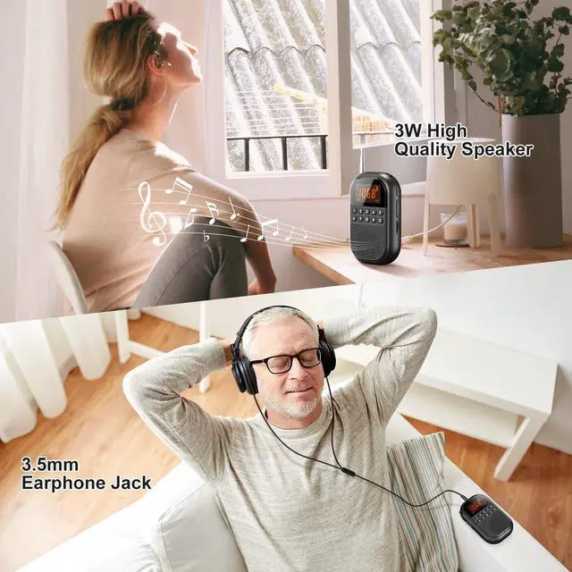 Alt view image 5 of 7 - Pocket AM FM Radio:1100mAh Rechargeable Radio Supports Bluetooth, Mini FM AM Receiver with Large Speaker, Stereo Earphone, Sleep Timer, Easy to use for Jogging, Walking Black