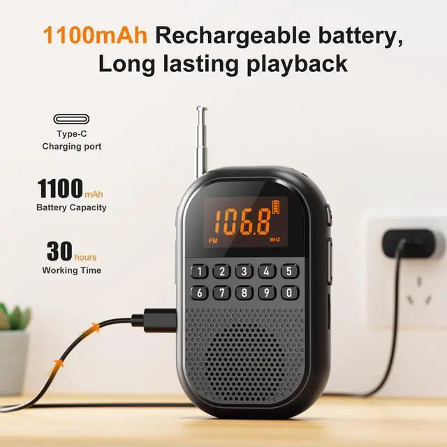 Alt view image 3 of 7 - Pocket AM FM Radio:1100mAh Rechargeable Radio Supports Bluetooth, Mini FM AM Receiver with Large Speaker, Stereo Earphone, Sleep Timer, Easy to use for Jogging, Walking Black