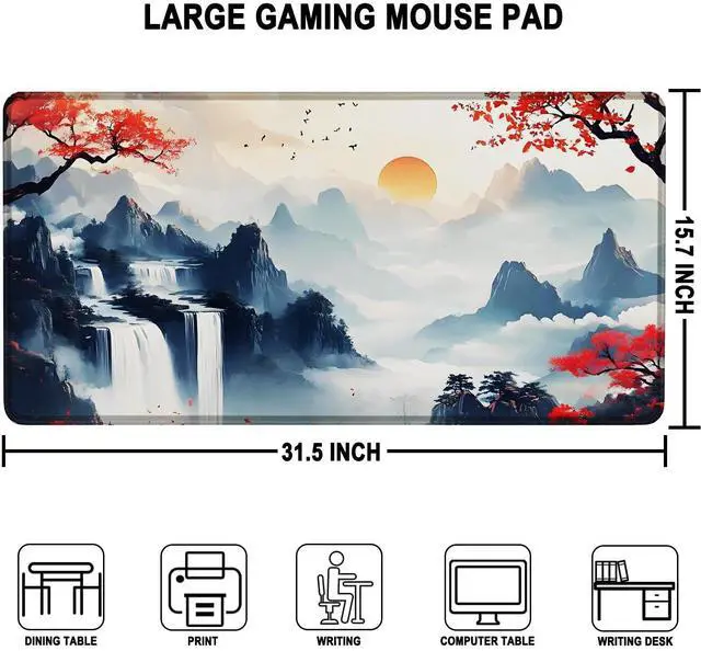 Alt view image 3 of 7 - Large Gaming Mousepad, Waterproof Extra Large Mouse Pad with Stitched Edges, 31.5" x 15.7" Non-Slip Rubber Base Office Big Long Keyboard Pad for Office Gamer Home XXL, (Mountains Waters)