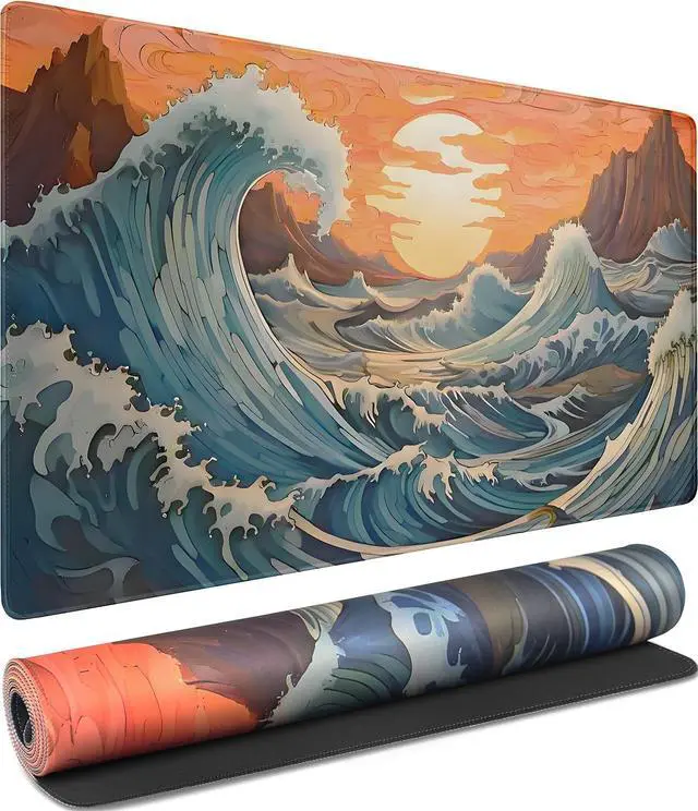 Main image of Gaming Mouse Pad, Waterproof Extra Large Mousepad with Stitched Edges, 31.5" x 15.7" Non-Slip Rubber Base Office Big Long Keyboard Pad for Office Gamer Home XXL, (Waves Sunset)
