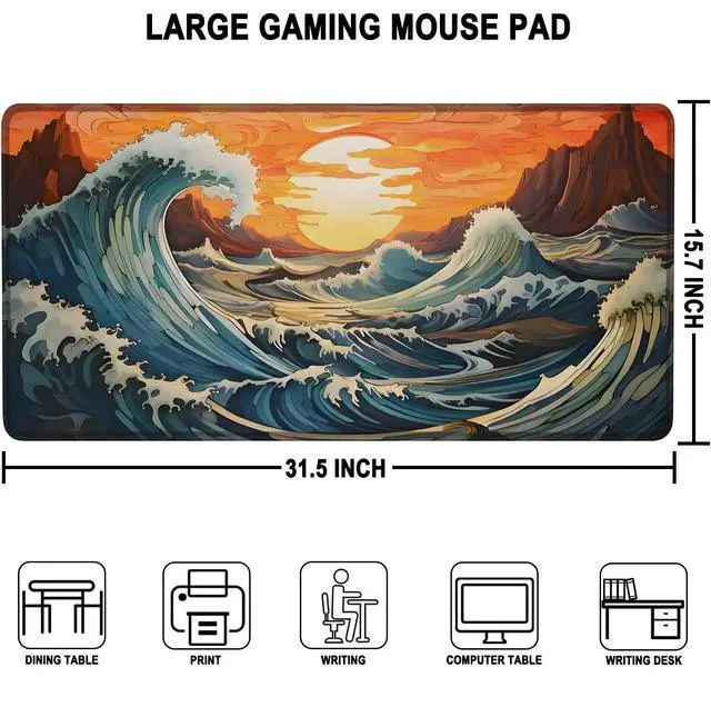 Alt view image 3 of 7 - Gaming Mouse Pad, Waterproof Extra Large Mousepad with Stitched Edges, 31.5" x 15.7" Non-Slip Rubber Base Office Big Long Keyboard Pad for Office Gamer Home XXL, (Waves Sunset)