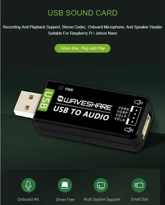 Alt view image 2 of 7 - USB Sound Card with 8 5W Speaker for Raspberry Pi/Jetson Nano, USB to Audio Adapter Support Recording and Playback, Stereo Codec Onboard Microphone and Speaker Header, Driver-Free, Plug and Play