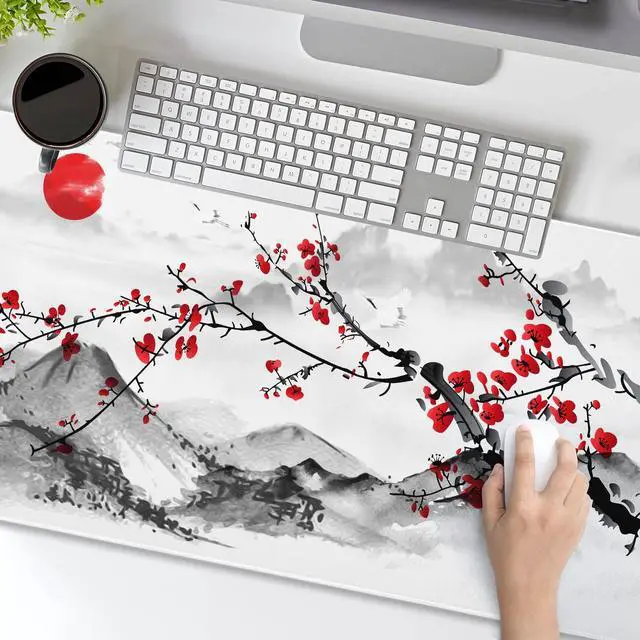Alt view image 2 of 6 - Extended Large Gaming Mouse Pad 35.4 X 15.7 Inch XXL Full Desk Japanese Art Style Cherry Blossom & Sakura Mousepad Non-Slip Rubber Base Big Keyboard Mat with Stitched Edges for Home Office