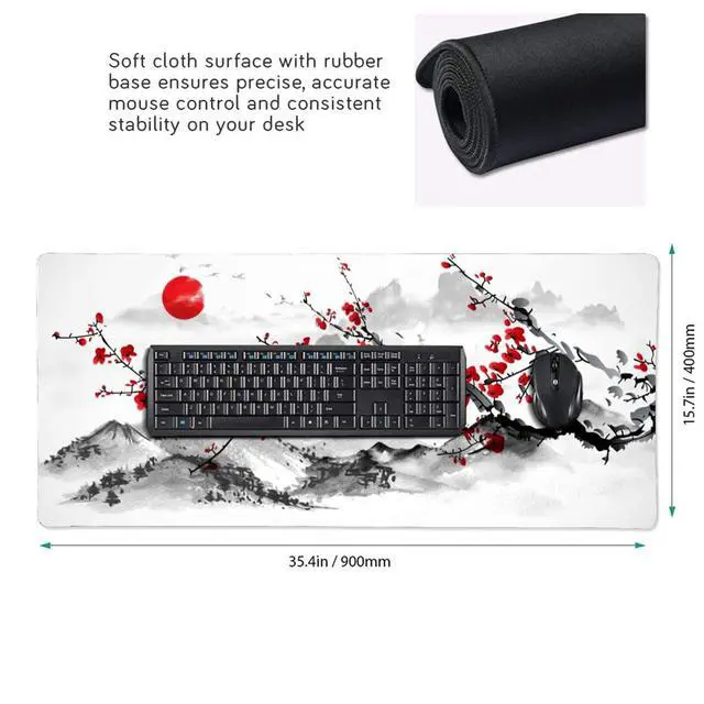 Alt view image 3 of 6 - Extended Large Gaming Mouse Pad 35.4 X 15.7 Inch XXL Full Desk Japanese Art Style Cherry Blossom & Sakura Mousepad Non-Slip Rubber Base Big Keyboard Mat with Stitched Edges for Home Office