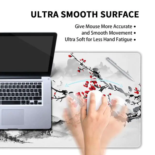 Alt view image 5 of 6 - Extended Large Gaming Mouse Pad 35.4 X 15.7 Inch XXL Full Desk Japanese Art Style Cherry Blossom & Sakura Mousepad Non-Slip Rubber Base Big Keyboard Mat with Stitched Edges for Home Office