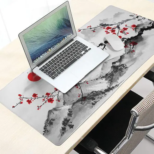 Alt view image 6 of 6 - Extended Large Gaming Mouse Pad 35.4 X 15.7 Inch XXL Full Desk Japanese Art Style Cherry Blossom & Sakura Mousepad Non-Slip Rubber Base Big Keyboard Mat with Stitched Edges for Home Office