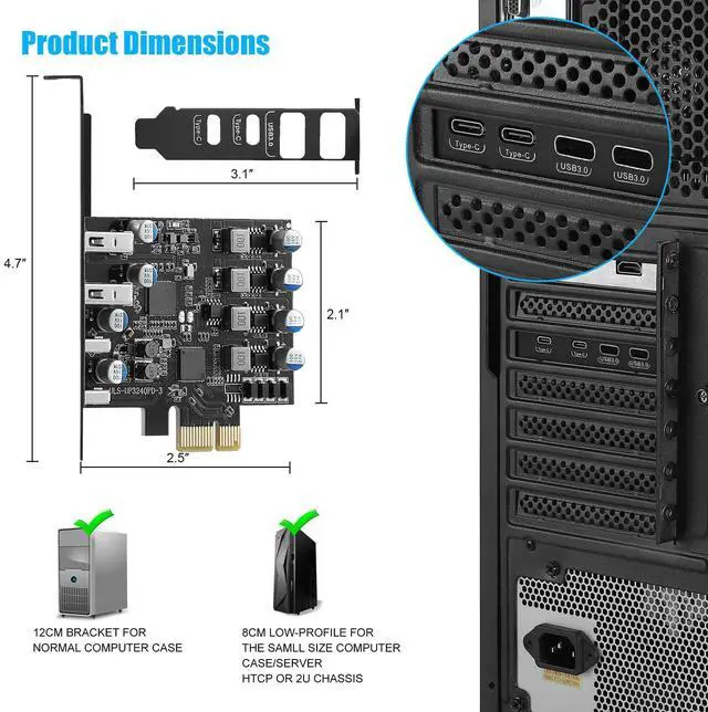 Alt view image 2 of 5 - 4 Ports USB PCIE Card (2 x USB A and 2 x Type C) PCIe USB 3.0 Expansion Card with Low Profile Bracket for Desktop PC